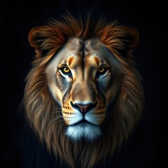 Fototapeta premium Close-up portrait of a majestic lion's face with intense yellow eyes against a dark backdrop