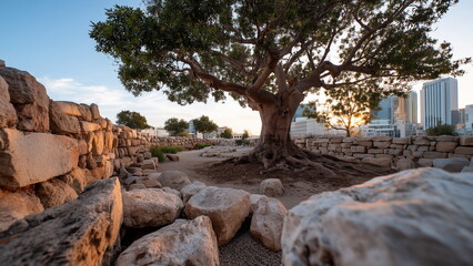 Obraz premium An ancient gnarled tree stands proudly near a modern cityscape, its twisted trunk and sprawling branches contrasting with urban structures. The scene captures nature's resilience beside human progress