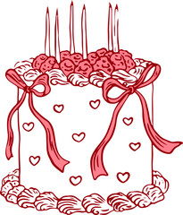 Hand drawn coquette vintage cake with strawberry, bows and candles. Sweet bakery dessert with cute girly aesthetic element for Valentines day, wedding invitation, birthday. Doodle vector illustration.