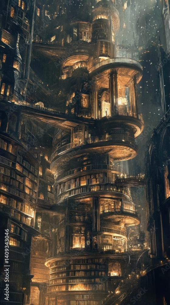 Poster complex metropolis architecture with intricate details and glowing interior spaces