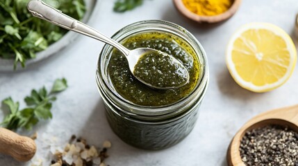 Mojo sauce in vintage jar with spoon dipped in, surrounded by ingredients and recipe card