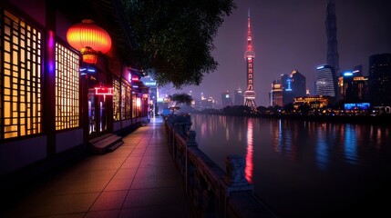 Naklejka premium Night stroll along illuminated Chinese riverside promenade with traditional architecture and modern skyscrapers