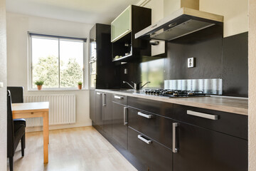A sleek, modern kitchen featuring dark cabinetry, a gas stove, and a view of greenery through a large window, creating a stylish and functional space.