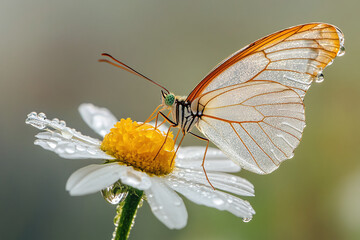 Obraz premium Detailed morning photo of butterfly with clear wings sitting on daisy flower with visible dew and soft focus