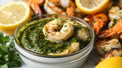 Mojo verde in small dish with grilled seafood skewers, lemons, and fresh parsley