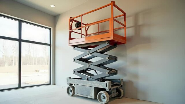 A modern scissor lift elevates a worker, showcasing industrial equipment in a spacious interior environment.