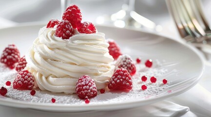 A delicate meringue cake with whipped cream and berries, presented on an elegant white plate. The vibrant colors of the red raspberries contrast beautifully 