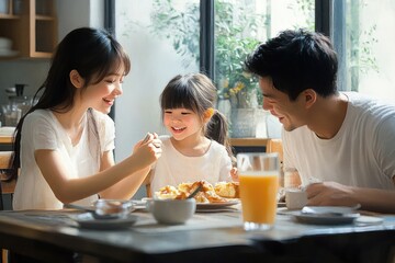 Happy Asian Family Enjoying Healthy Breakfast Together at Home