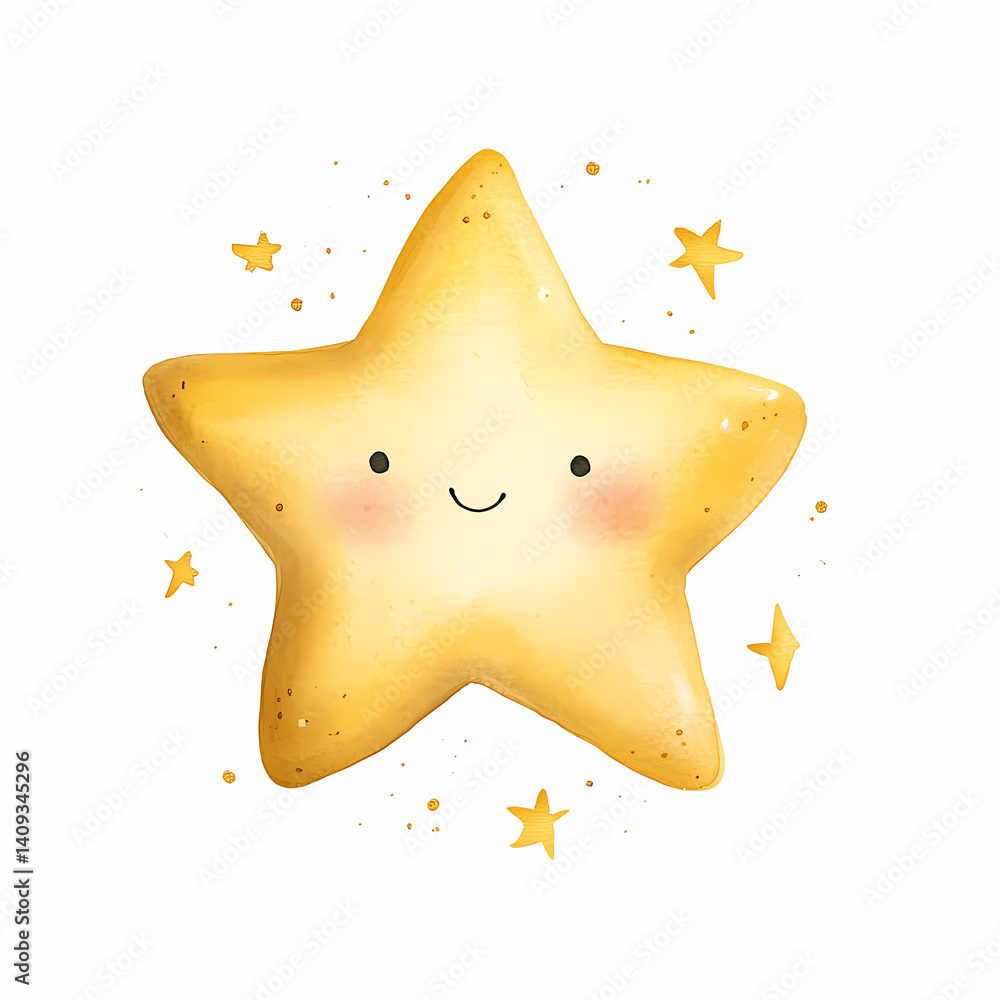 Poster smiling star character surrounded by smaller stars shining brightly generative ai