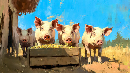 Pigs eating from wooden trough on farm under blue sky