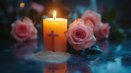 Roses, Cross, and Candles in a Grief Memorial Setup, Symbolizing Remembrance and Tribute