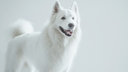 Fototapeta premium Samoyed Purity: A pristine Samoyed dog radiates elegance and grace with its pure white coat, capturing attention in a stunning, studio-lit portrait.