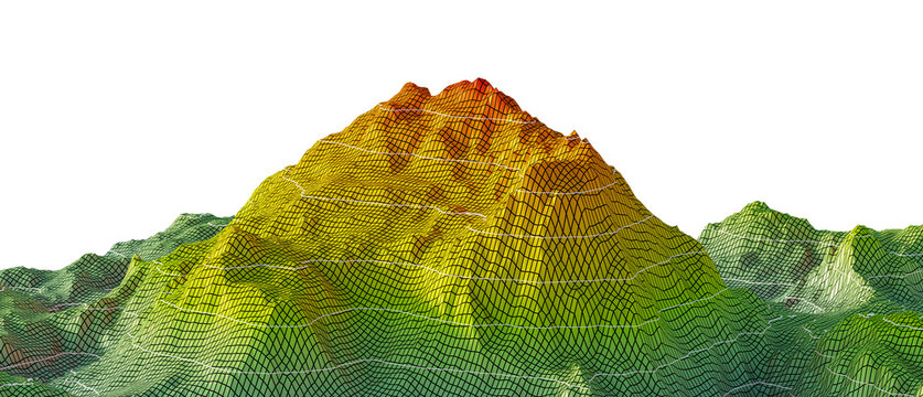 Digital Elevation Model (DEM): Gradient Grid computation, slope(aspect) mapping, and visualization with elevation levels. Isolated on transparent background. 3d illustration.