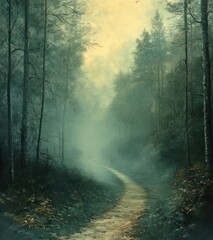 Obraz premium Misty Forest Sunrise Aerial View of Pine Trees in Foggy Landscape with Soft Light and Serene Atmosphere