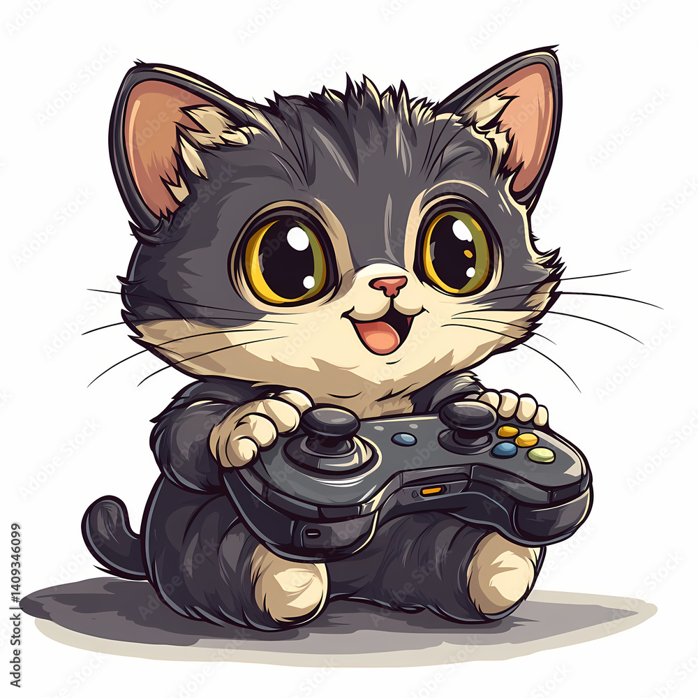 Poster cute kitten playing video games with a joyful expression in digital art generative ai