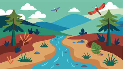 Obraz premium The absence of dragonflies birds and other waterdependent creatures that once inhabited the stream is a heartbreaking example of the consequences of water scarcity in the forest.. Vector illustration