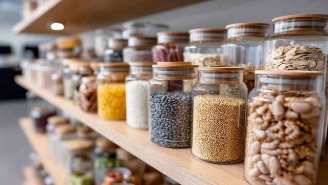 Clear containers filled with assorted cereals of favourites organized neatly on a shelf. The organized display highlights freshness, variety, and a tidy kitchen setup.