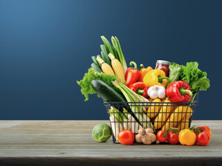 Vegetables and fruits in shopping basket on wooden table over light blue wall