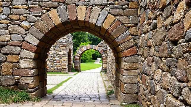 pathway framed by multiple stone arches leading to a vibrant green - Powered by Adobe