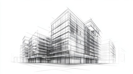 Building Drawing. Three-Dimensional Wireframe Architectural Blueprint for City Development