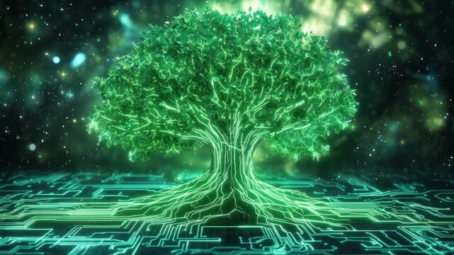 Glowing digital tree, circuit board, cosmic background; eco-tech concept
