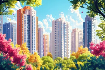 Building Landscape. City Skyline with High-rise Buildings in Urban Residential Community