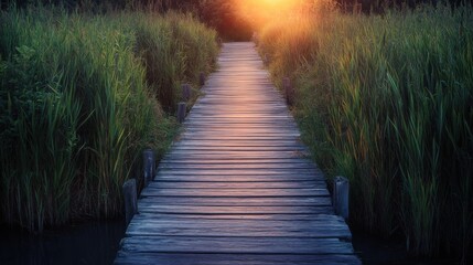 Fototapeta premium A wooden boardwalk leading towards a bright light surrounded by tall green grass on either side