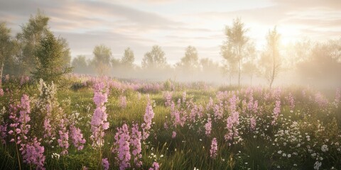 Fototapeta premium Serene Meadow: A breathtaking landscape bathed in the soft morning light, featuring a field of delicate pink wildflowers, creating a sense of peace and tranquility.