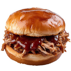 Barbecue pulled pork sandwich with sauce isolated on transparent background.