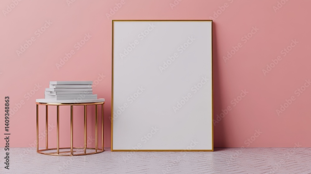 Aufkleber blank canvas: a minimalist interior features an empty picture frame against a soft pink wall. a smal