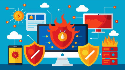 A virtual warzone where firewalls and antivirus software battle against malicious malware.. Vector illustration