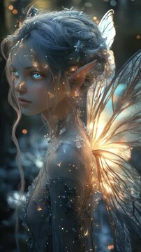 Glowing forest fairy with luminous wings and sparkling hair stands in magical light, surrounded by soft bokeh and mystical nature in a dreamy, enchanted atmosphere. Vertical video
