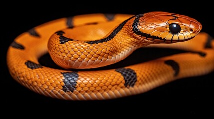 Fototapeta premium Mandarin Rat Snake slithering forward a glossy orange body and dark markings standing out