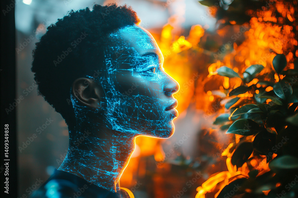 Poster futuristic artificial intelligence humanoid interacting with a virtual reality holographic interface