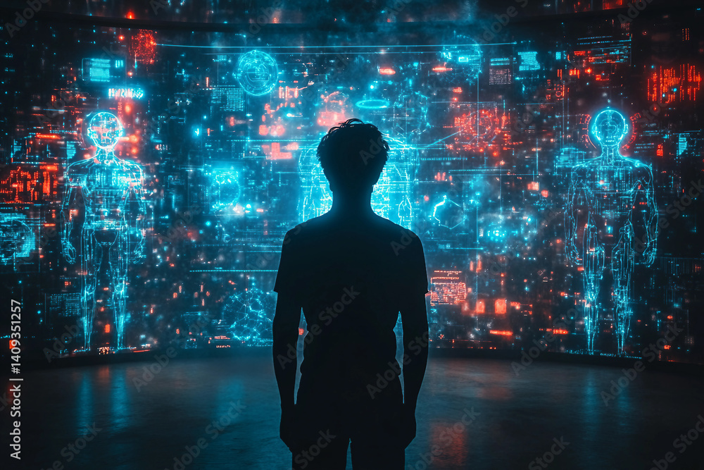 Poster futuristic artificial intelligence humanoid interacting with a virtual reality holographic interface