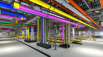 Inspecting mep coordinated systems industrial facility ceiling view high fidelity environment detailed concept
