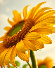 Golden sunflower petals shimmer with morning dew brilliance