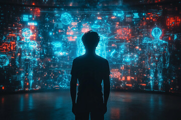 Futuristic artificial intelligence humanoid interacting with a virtual reality holographic interface in a sci-fi city