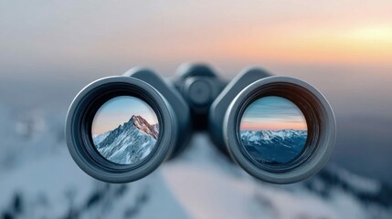 Binoculars focus on a mountain landscape at sunset, conveying a sense of discovery, travel, and exploration through nature.