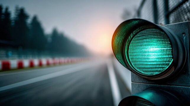 A green race track light shines brightly, signaling the start on a foggy day. The track stretches into the mist.