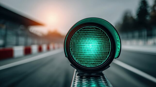 A vibrant green light signals the start of the race, set against a blurred racetrack backdrop. The close-up shot emphasizes the race track and the traffic light.
