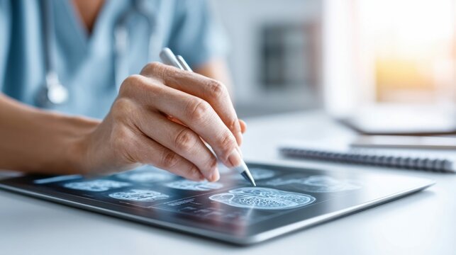 A medical professional analyzes brain scans on a tablet, highlighting the technology in modern healthcare. A pen points to the diagnostic images.