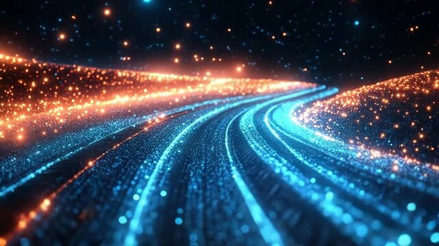 An airplane is flying through a vibrant logistics network, highlighted by radiant pathways of blue and orange light, symbolizing transportation and connectivity in the night sky.