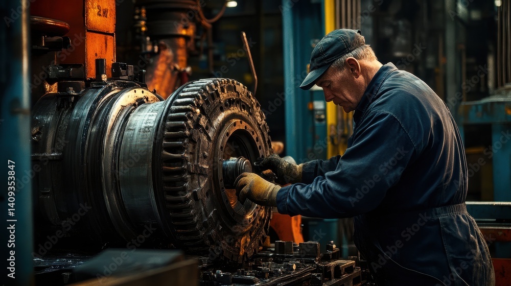 Poster precision engineering: a skilled machinist diligently works on intricate machinery components within