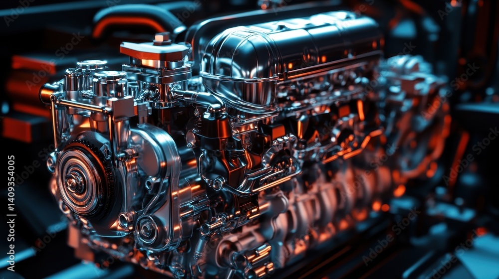 Poster intricate engine in focus: a close-up shot of a powerful internal combustion engine showcases the co