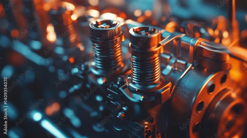 Poster engine components close-up: detailed view of gleaming engine components, showcasing intricate metall