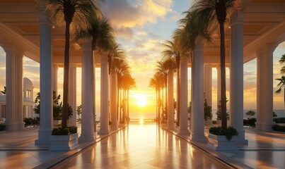 Fototapeta premium Majestic Sunset at a Tropical Resort: Columns, Palms, and Golden Hour