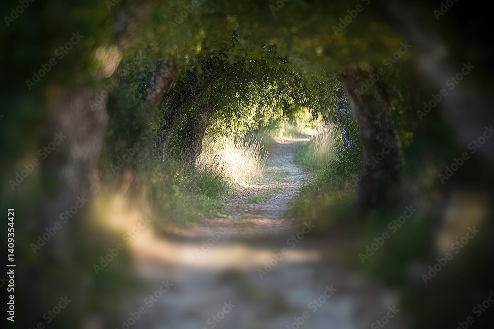Poster enchanted path: sunlight streams through a tunnel of lush green trees, illuminating a path leading t