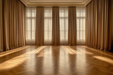 Obraz premium High-resolution photograph of a spacious, empty room featuring herringbone wood floor and light brown curtain-covered walls, illuminated by soft lighting and warm tones.