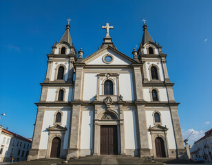 Obraz premium Historic Church Building with Towers and Cross Against Blue Sky